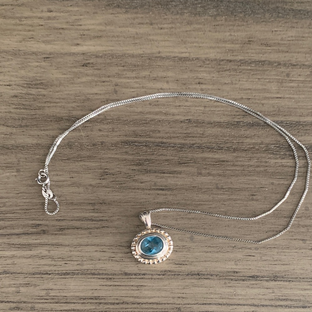 Aquamarine & Silver 925  Necklace with  lab created  Pendant, 10”